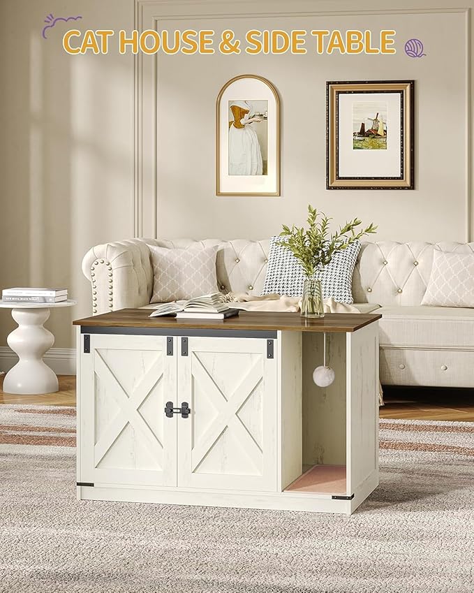 Hzuaneri Cat Litter Box Enclosure, Hidden Litter Box Cabinet Furniture with Bell, Indoor Cats House, Farmhouse Style, 39.4 x 21.7X 24.8 Inches for Hallway, Bedroom, Rustic Brown and White CB85214X