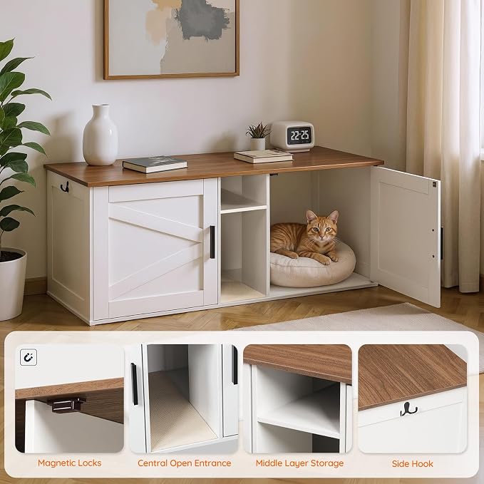 HOOBRO Double Litter Box Enclosure, Modern Cat Litter Box Furniture with Storage and Mat Design, Farmhouse Hidden Litter Box Enclosure with 2 Hooks, White and Walnut WH23MW01