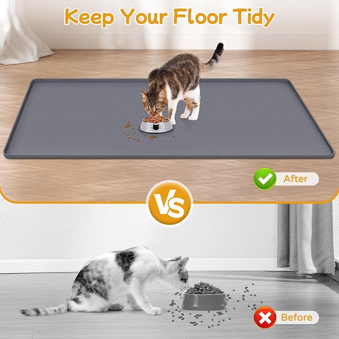 Cat Food Mat, 51" x 26" Large Silicone Mat Cat Feeding Mat with Raised Edge Non-Slip Pet Feeding Mat for Food and Water Bowl, Easy to Clean, Floor Protection (Gray)