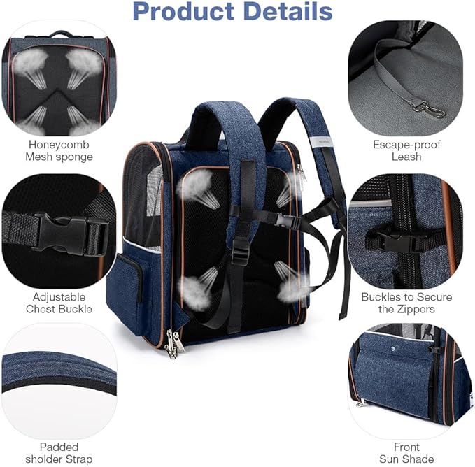 Large Cat Backpack Carrier Expandable Pet Carrier Backpack for Small Dogs Medium Cats Fit Up to 18 Lbs, Dog Backpack Carrier, Foldable Puppy Backpack Carrier for Travel, Hiking,Blue