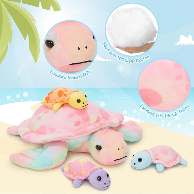 Muiteiur Turtle Stuffed Animals 4 Packs, Sea Turtle Plush Toy Set - Soft Mommy Stuffed Animal Turtle with 3 Babies, Cute Toys for Kids & Toddlers (Pink)