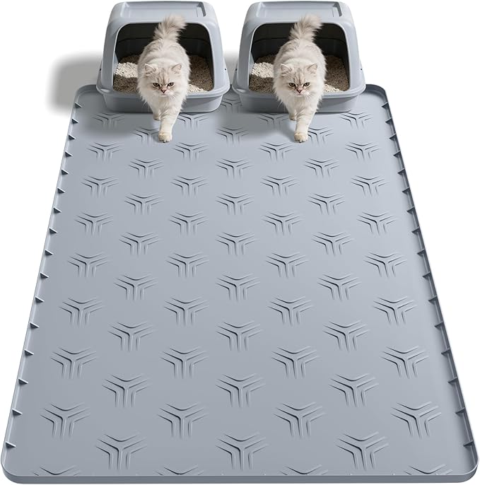 JUJOMAT Cat Litter Box Mat, 34"×22" Waterproof Silicone Cat Litter Trapping Mat Non-Slip Gray Kitty Litter Mat for Indoor Cats, Rubber Pet Food Mats with Lip Easy to Clean & Soft