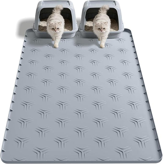 JUJOMAT Cat Litter Box Mat, 34"×22" Waterproof Silicone Cat Litter Trapping Mat Non-Slip Gray Kitty Litter Mat for Indoor Cats, Rubber Pet Food Mats with Lip Easy to Clean & Soft