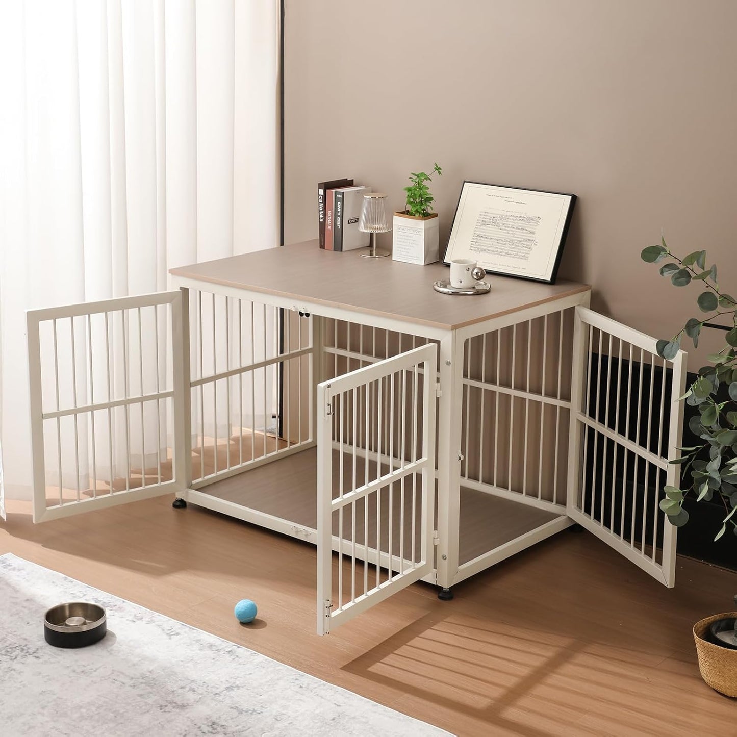 48" Rustic Heavy Duty Dog Crate Furniture for Extra Large Dogs, Decorative Pet House End Table, Wooden Cage Kennel Furniture Indoor, Double-Doors Sturdy Dog Cage