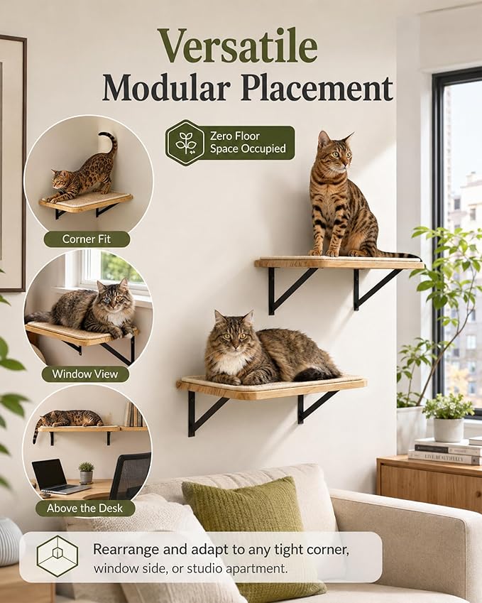 2PCS Cat Wall Shelves with Scratching Mat, 16.6x9.7 Inch Solid Pine Wood Wall Mounted Kitten Floating Shelf, Window Perch Hammock, Cats Wall Furniture for Cats Sleeping, Playing, Climbing