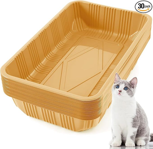 Tessco for you 30 Pack Disposable Cat Litter Boxes, Plastic Leakproof Litter Trays for Cats, Disposable Travel or Temporary Litters Pan for Kittens and Small Pets, 16.7 x 10.5 x 3.4 Inch(Light Brown)