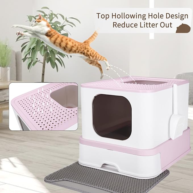 RIZZARI Stainless Steel Cat Box: Large Size for Cats Up to 45 lbs - Pink Covered Odor Control Enclosure with Easy Cleaning - Teflon Non-Stick Coating - Anti-Splash for Multi-Cat Homes & Apartments