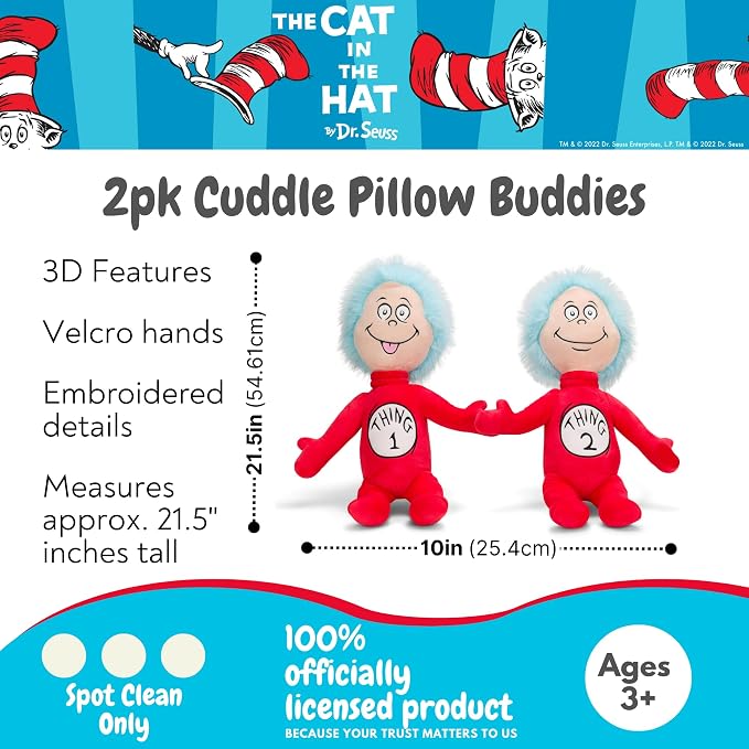 Dr. Seuss Cat in The Hat Thing 1 and Thing 2 Cuddle Pillow Buddy, Two Pack, Kids Bedding Super Soft Plush, 21" Tall, (Officially Licensed Product) by Franco
