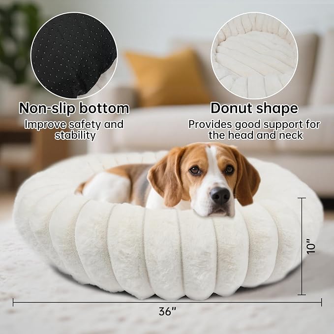 Donut Dog and Cat Bed, Luxurious Comfortable Faux Rabbit Fur Pet Beds, Round Anti-Anxiety Calming Puppy Kitten Bed with Anti-Slip Bottom for Small Medium Dogs & Cats(36", White)