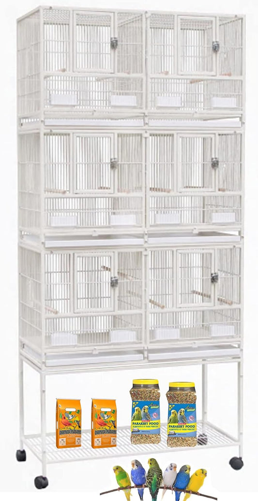 1/2/3-Combo Stacker Center Divided Breeder Breeding Bird Flight Double Rolling Cage for Aviaries Canaries Cockatiels Lovebirds Finches Budgies Small Parrots (White Vein, Three Stacker)