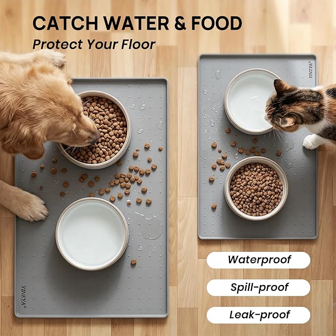 YINEYA 2 Pack Silicone Dog & Cat Food Mat Waterproof 18" x 12", Raised Edge Dog Bowl Mat for Food and Water, BPA-Free Non-Slip Pet Feeding Mats for Floors, Multifunctional Silicone Mat (Gray)