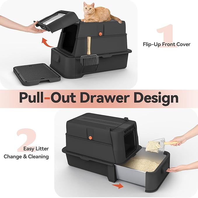 Wooaidagg Enclosed Stainless Steel Cat Litter Box with Odor Control, Modular Design with Drawer and Flip Door, Easy to Clean and Wash,Non-Stick Interior,Extra Large Size Fits All Cats(Black)