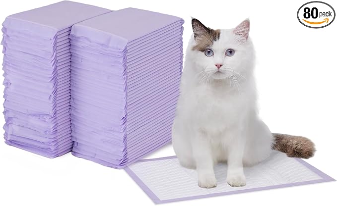 Amazon Basics Cat Pee Pads, Odor Control, Super Absorbent, Disposable, Universal Fit for Litter Box, Fresh Scent, Multi Cat, White/Purple, 80 Count