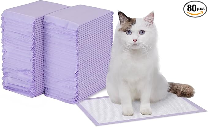 Amazon Basics Cat Pee Pads, Odor Control, Super Absorbent, Disposable, Universal Fit for Litter Box, Lemon Scent, Multi Cat, White/Purple, 80 Count