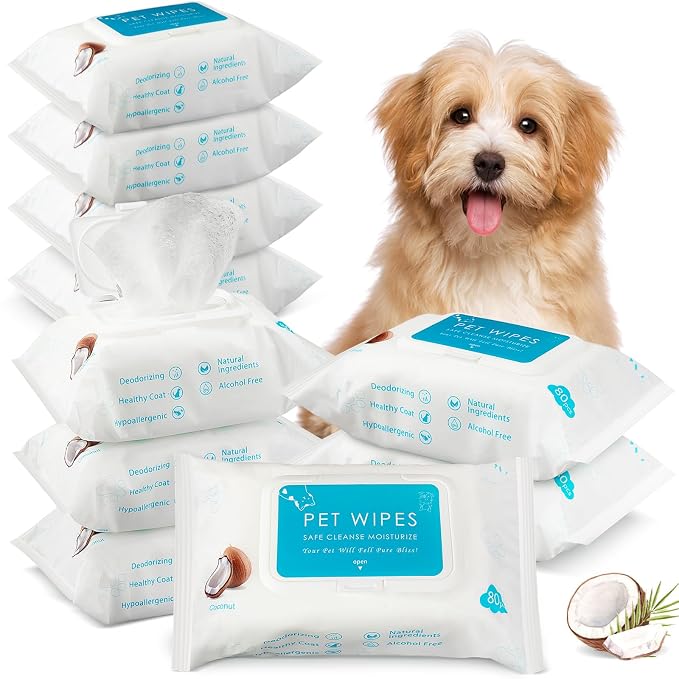 Treela 10 Packs of 800 Dog Wipes Pet Wipes Cat Grooming Supplies for Paws, Butt, Ear, Skin, Body Bath Cleaning Stain Odor Remover, Home or Travel Use(Coconut)