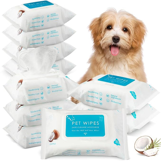 Treela 10 Packs of 800 Dog Wipes Pet Wipes Cat Grooming Supplies for Paws, Butt, Ear, Skin, Body Bath Cleaning Stain Odor Remover, Home or Travel Use(Coconut)