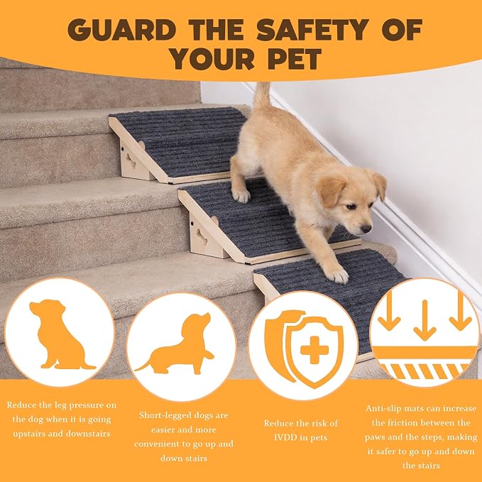 3 Pack Wooden Dog Ramp for Stairs,13L*9W*5H''+26°Slope,Fit for Stair 9-11D''5-7''H,Friendly to Short-Legged/Small/Injured/Aged Dogs with High Support,with Anti-Slip Pads for Climbing Safely