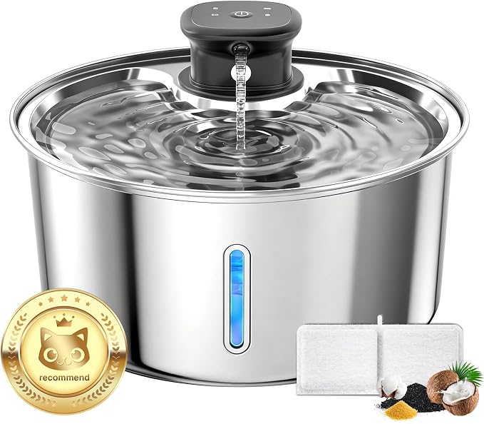 Wireless Cat Water Fountain,Cat Water Fountain Stainless Steel 3.2L/108oz Large Capacity Battery Operated Pet Water Fountain Indoor with Motion Sensor for Cats Dogs BPA-Free(P01B)