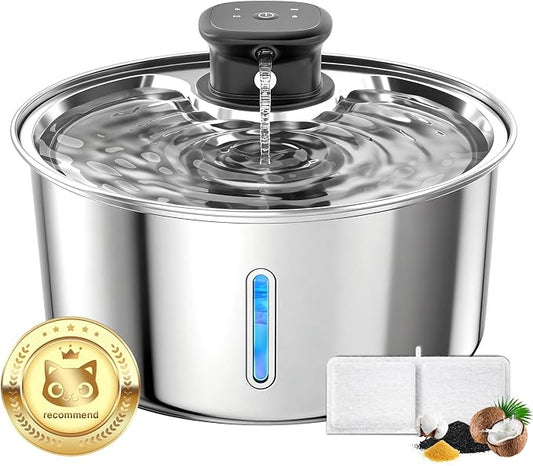 Wireless Cat Water Fountain,Cat Water Fountain Stainless Steel 3.2L/108oz Large Capacity Battery Operated Pet Water Fountain Indoor with Motion Sensor for Cats Dogs BPA-Free(P01B)