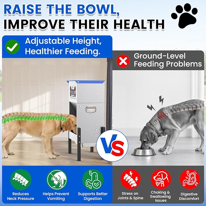 Automatic Dog Feeder 25 lbs — Height-Adjustable, Gravity Dog Feeder Dispenser with Magnetic Door, Large Capacity Self-Feeding Station for Small Medium Large Dogs, Indoor & Outdoor (Blue)