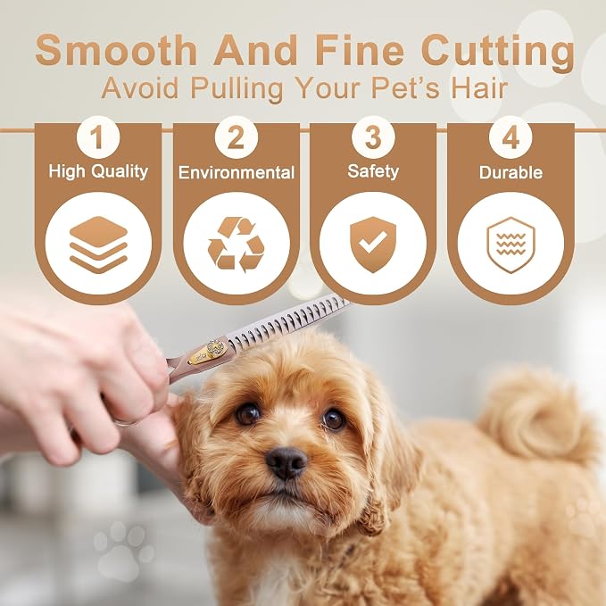 Professional Dog Grooming Scissors Rose Gold 440C Stainless Steel Straight Thinning Curved Chunker Shears for Pet Grooming Services Dogs and Cats (Chunker, 7‘’)