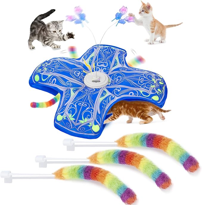 Interactive Hide and Seek Cat Toy with Blue Cover + 3 Plush Tail Wand Replacements
