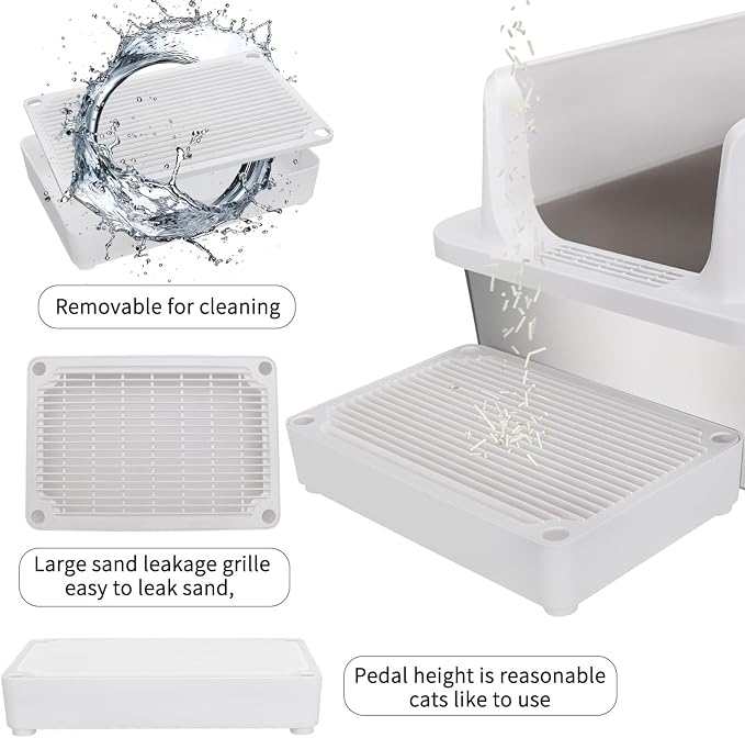 RIZZARI Stainless Steel Litter Box: Large White Open Top Design with Odor-Resistant Steel & High Walls - Leakproof & Durable Teflon Coating- Ideal for Multiple Cats - Living Room Balcony Use