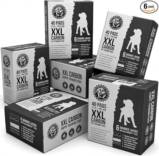 Bulldogology Charcoal XXL Dog Pee Pads with Adhesive Sticky Tape Extra Large Puppy Training Pads Ultra Absorbent Leak Proof Odor Control Carbon Pads 240 Count 30" x 36"