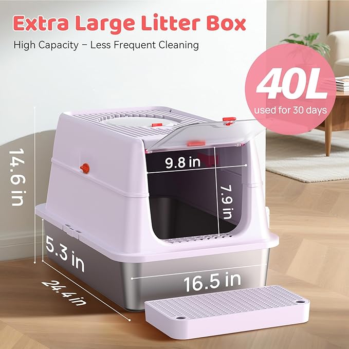 Stainless Steel Cat Litter Box with Lid, 180° Flip Top Kitty Litterbox, XL High Sided Enclosure Litter Pan for Big Cats, Front & Top Entry, Anti-Leakage, Odor-Free, Includes Scoop Mat, Purple Pink