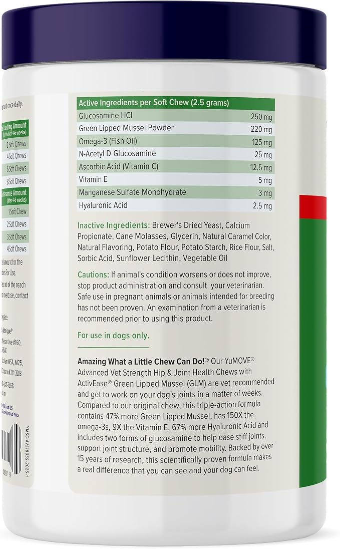 YuMOVE Advanced Vet Strength Hip & Joint Supplement for Dogs - ActivEase Green Lipped Mussel, Glucosamine, Hyaluronic Acid & Omega 3 for Serious Mobility Support (180ct Chews, Advanced Strength)