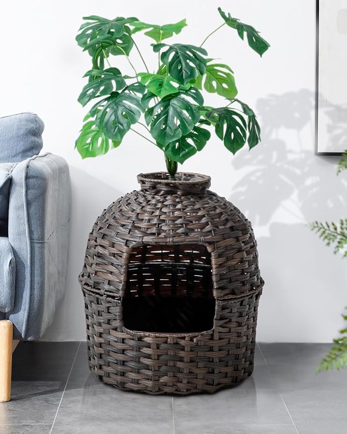 SETVSON Cat Litter Box Plant Furniture Enclosure, Hidden Handwoven Rattan with Cat Litter Box and Artificial Plants, Odor Control Filter, Real Stones in Living Room, Bedroom, Corner (Brown)