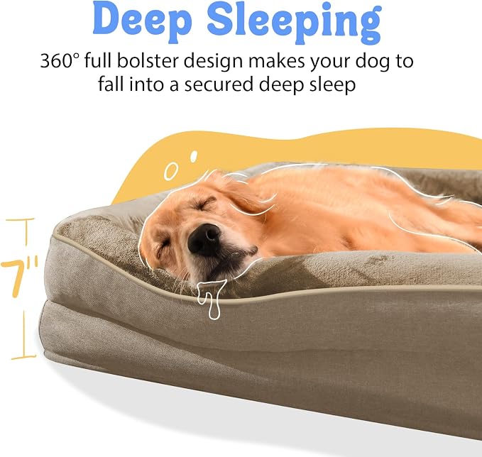 Chez Paw Orthopedic Dog Bed for Medium & Large Dogs, Waterproof Egg-Crate Foam Dog Bed with Removable Washable Cover, 4-Sided Bolster Support & Non-Slip Bottom, Brown 36"x27"x7"