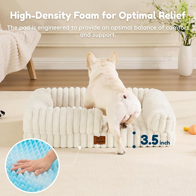 ChiXnuggle Rectangular Orthopedic Dog Bed for Medium Dogs, Waterproof Washable Faux Rabbit Fur Dog Couch with Egg Crate Foam Support, Bolster Pet Sofa with Non-Slip Bottom, 30x24x7, Cream