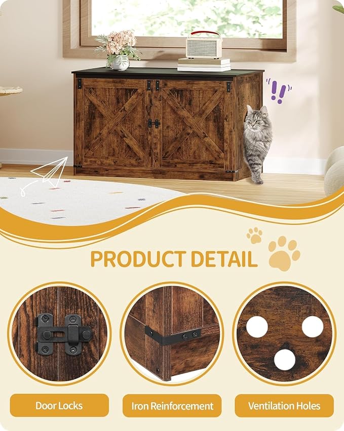Hzuaneri Cat Litter Box Enclosure with Cushion, Hidden Litter Box Furniture with Removable Dividers, Reversible Entrance Left or Right Side, Cat House, Rustic Brown and Black CB84701X