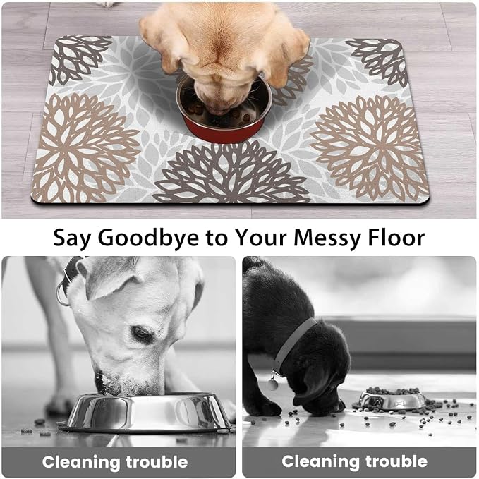 Dog Food Mats for Floors, Absorbent and Quick-Drying Pet Cat Food Mat,Anti-Fouling and Easy-to-Clean Pet Feeding Mat,Dog Bowl Mat for Messy Drinking Water Bowls.17x32, Bohemia Dahlia Floral Style