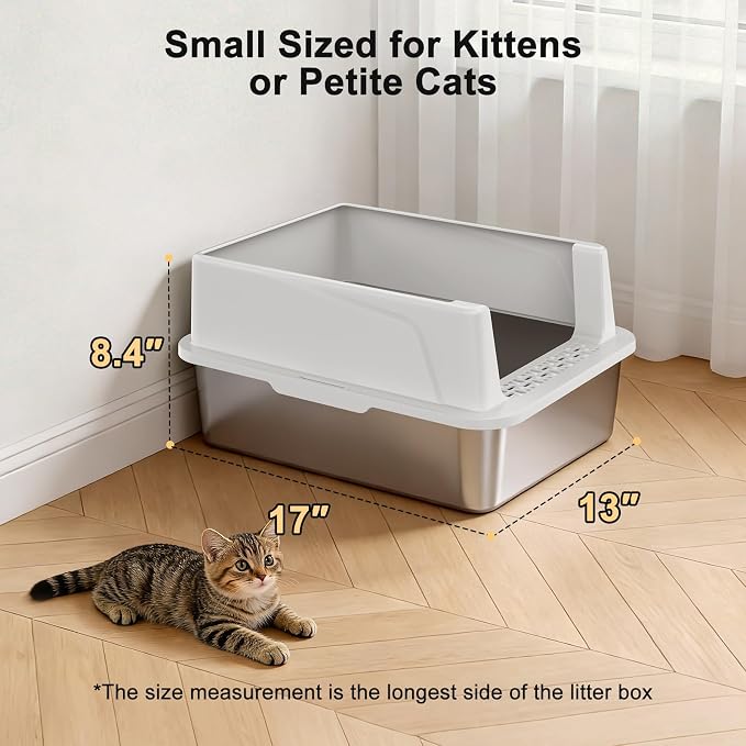 FURTIME Stainless Steel Cat Litter Box, Easy-Clean High-Sided Metal Litter Box, Open-Top Litter Pan for Small Cats, Includes Scoop & Mat, Non-Stick, Anti-Leakage, 17"×13"×8.4"