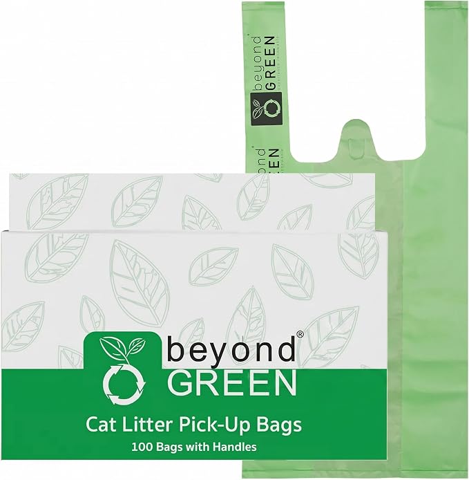 beyondGREEN Cat Litter Waste Bags with Handles, 100 Count — Green, Strong 20 Micron Litter Pick-Up Bags, Easy-Tie, 8" x 16" with 2.5" Gussets, Made in USA