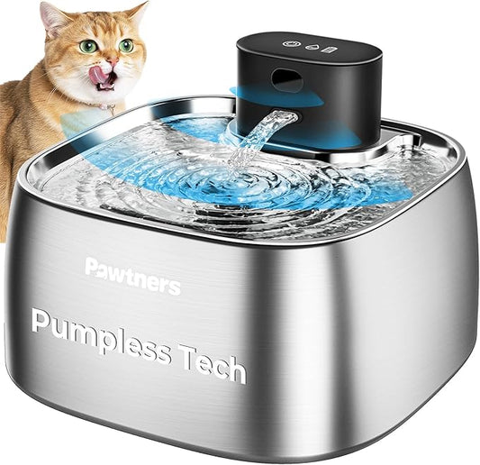 Pumpless Cat Water Fountain Stainless Steel, Automatic Cordless Cats and Dogs Water Dispenser 108oz/3.2L, Pawtners Pet Fountain with Smart Indicator &150° Motion Sensor