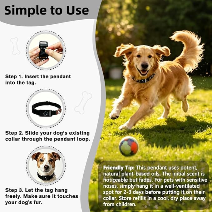 Natural Flea and Tick Prevention Pendant for Dogs Flea and Tick Collar, Waterproof Flea and Tick Repellent Dog Tag Safe for All Breeds & Sizes with 2 Silicone Buckles & 4 Refills, COLLAR NOT INCLUDED