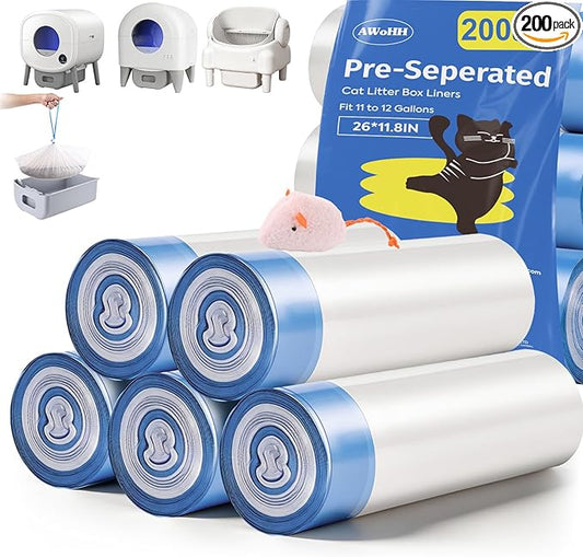 200 Count 26"x11.8" Self-Cleaning Cat Litter Box Bags for Cumrige Fumoi Fsitego Paruuntys Litter box, Pre-Seperated Automatic Litter Box Replacement Drawstring Heavy Duty，10-12 Gallons of Capacity