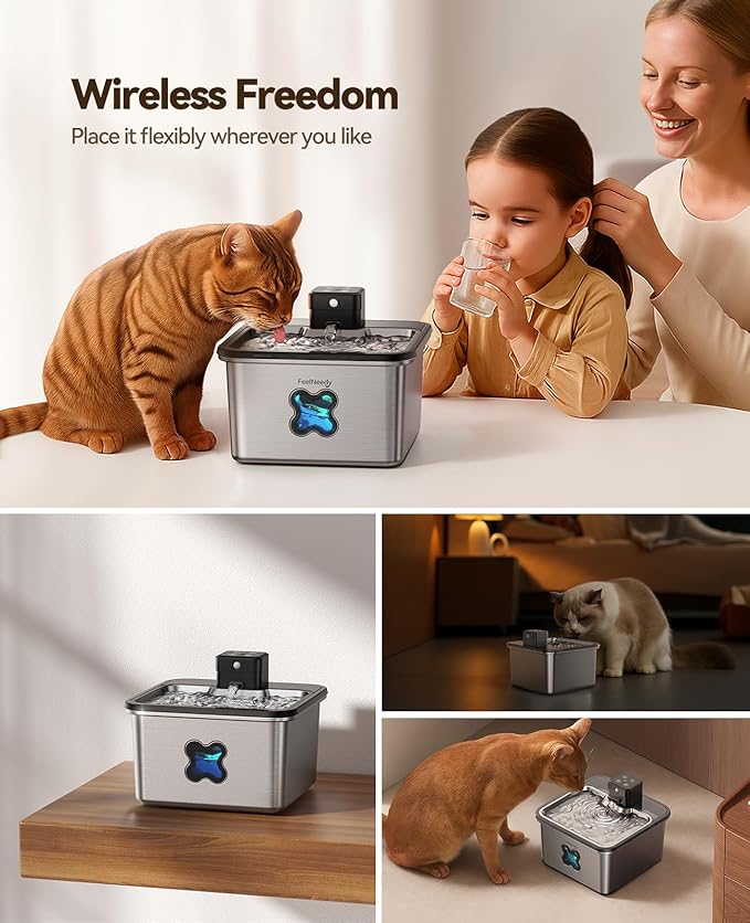Cat Water Fountain Stainless Steel Visual Filter Cordless Battery Operated Water Fountain for Cats Indoor - 3.2L & 6 Pack Replacement Filters + 6 Pump Sponges
