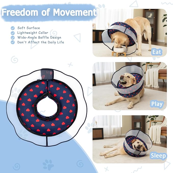Inflatable Dog Cone Collar with Enhanced Anti-Licking Shield – Soft Adjustable Recovery Collar for Dogs & Cats After Surgery – Fits Large, Medium, Small Pets (Blue Love, Medium)