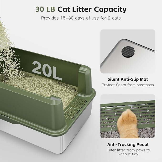 Suitfeel Enclosed Stainless Steel Cat Litter Box with High Side, XL Large for Big Cats, Easy Clean Metal with Scoop