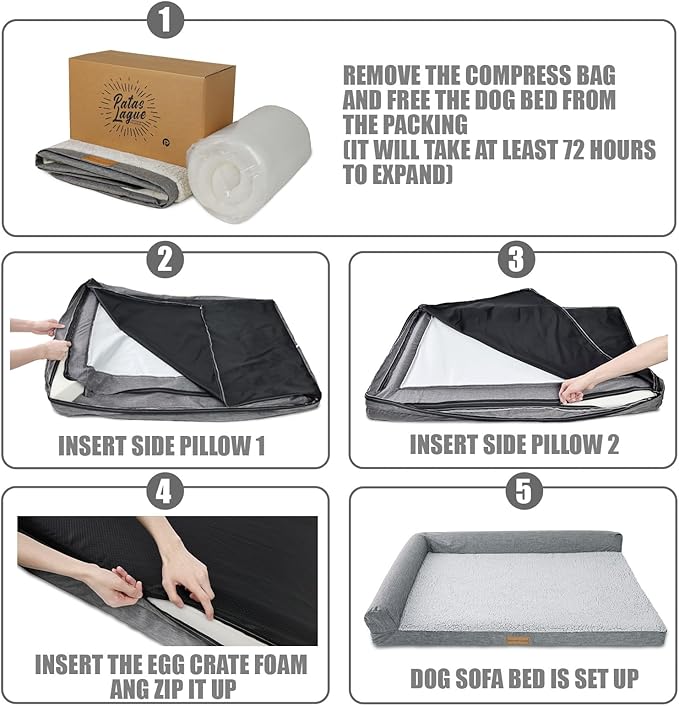 Patas Lague Orthopedic Dog Bed Medium Size Dog 30''X20'', Waterproof L Bolster Medium Pet Sofa Beds with Removable Washable Cover, Soft Pet Couch Crate Mat with Nonskid Bottom, Brown