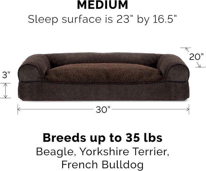Furhaven Pillow Dog Bed for Medium/Small Dogs w/ Removable Bolsters & Washable Cover - Sherpa & Chenille Sofa - Coffee, Medium