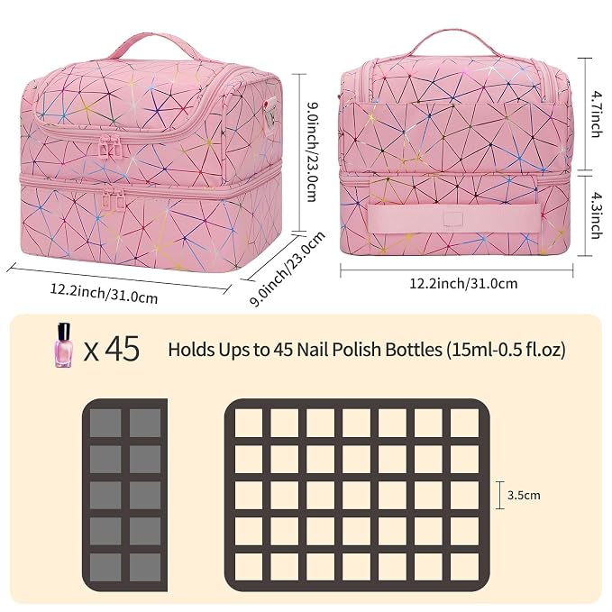 CUBETASTIC Nail Polish Organizer Bag, Double Layer Nail Tech Travel Case Holds 45 Bottles & Full-Size Lamp, Portable Manicure Storage Box for Nail Supplies, Tools & Dip Powder - Pink
