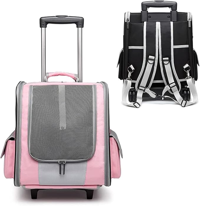 Pet Rolling Carrier,Foldable Cat Carrier Strollers Backpack Bag Puppy Dog Carrier Luggage with Wheels and Telescopic Handle for Cats Dogs Rabbits Kittens Puppies