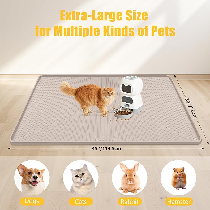 Lorvain 45" x 30" Cat Food Mat, Extra Large Silicone Pet Feeding Mat with Raised Edges, Pet Placemat for Cat Dog Food and Water Bowl Waterproof, Non-Slip, Easy to Clean, Floor Protection, Beige