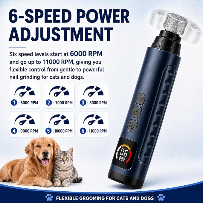 2026 Upgraded Silent Groom Pro Nail Grinder, 6-Speed Dog Nail Grinder with Led Light, Grooming Pro Pet Nail Grinder with 2 Grinding Heads, Pet Nail Trimmers for Small Medium Large Dogs & Cats