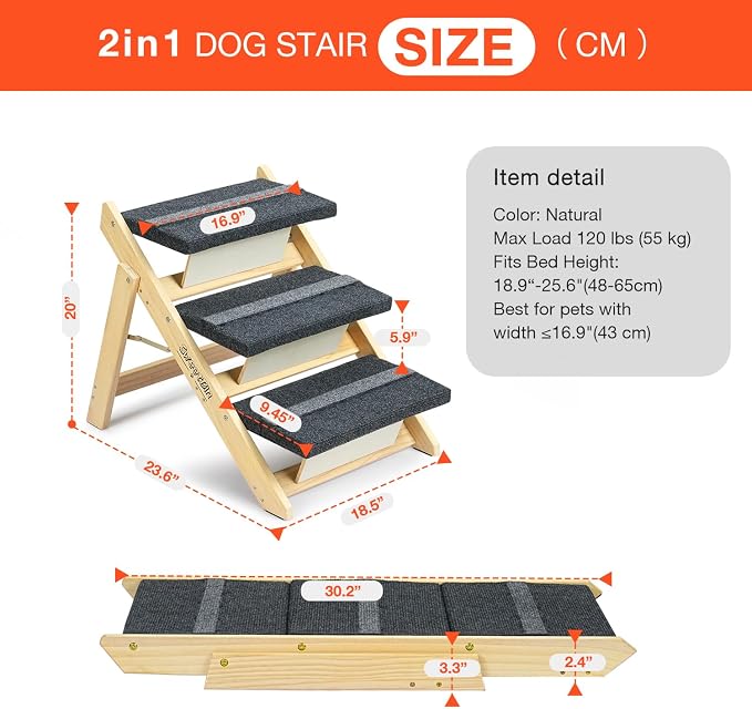 Wooden Dog Stairs& Dog Steps, 2-in-1 Foldable Dog Steps for Beds, Couch and Cars, Anti-Slip Pet Ramp with 3 Steps Indoor Pet Stairs for Small Medium Large Older Pet Cats up to 120lbs